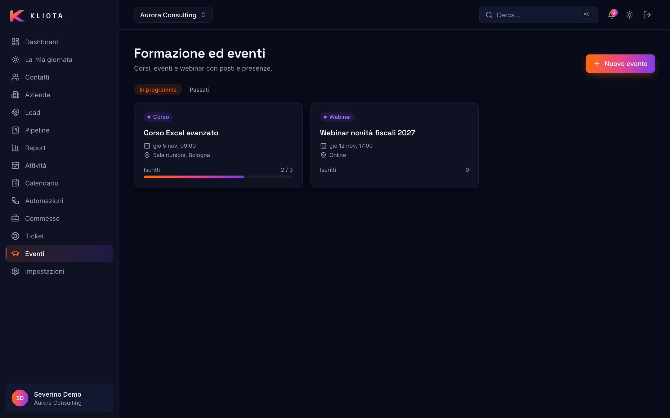 Modulo formazione: corsi ed eventi con posti occupati